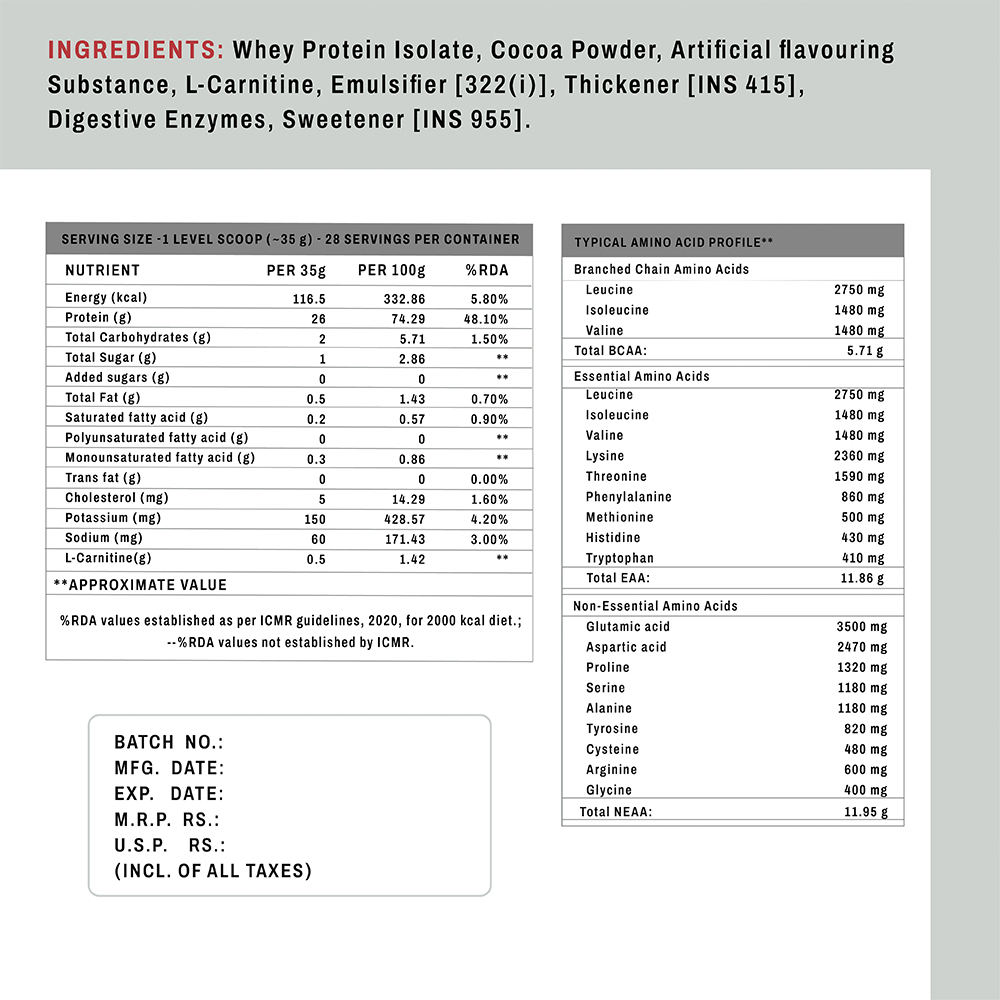 HN Fuel Isolate Belgian Chocolate nutrition panel