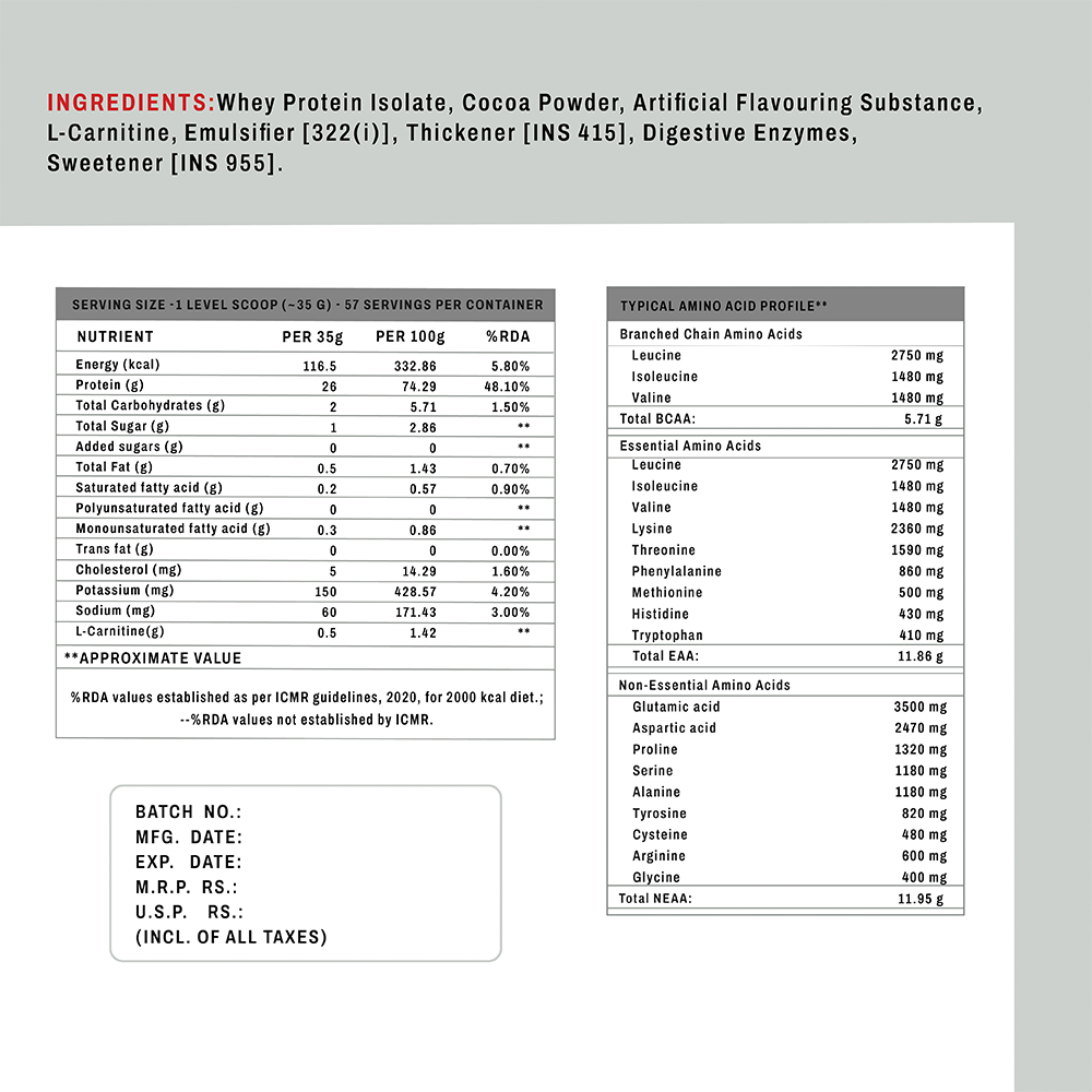 HN Fuel Isolate Belgian Chocolate nutrition panel