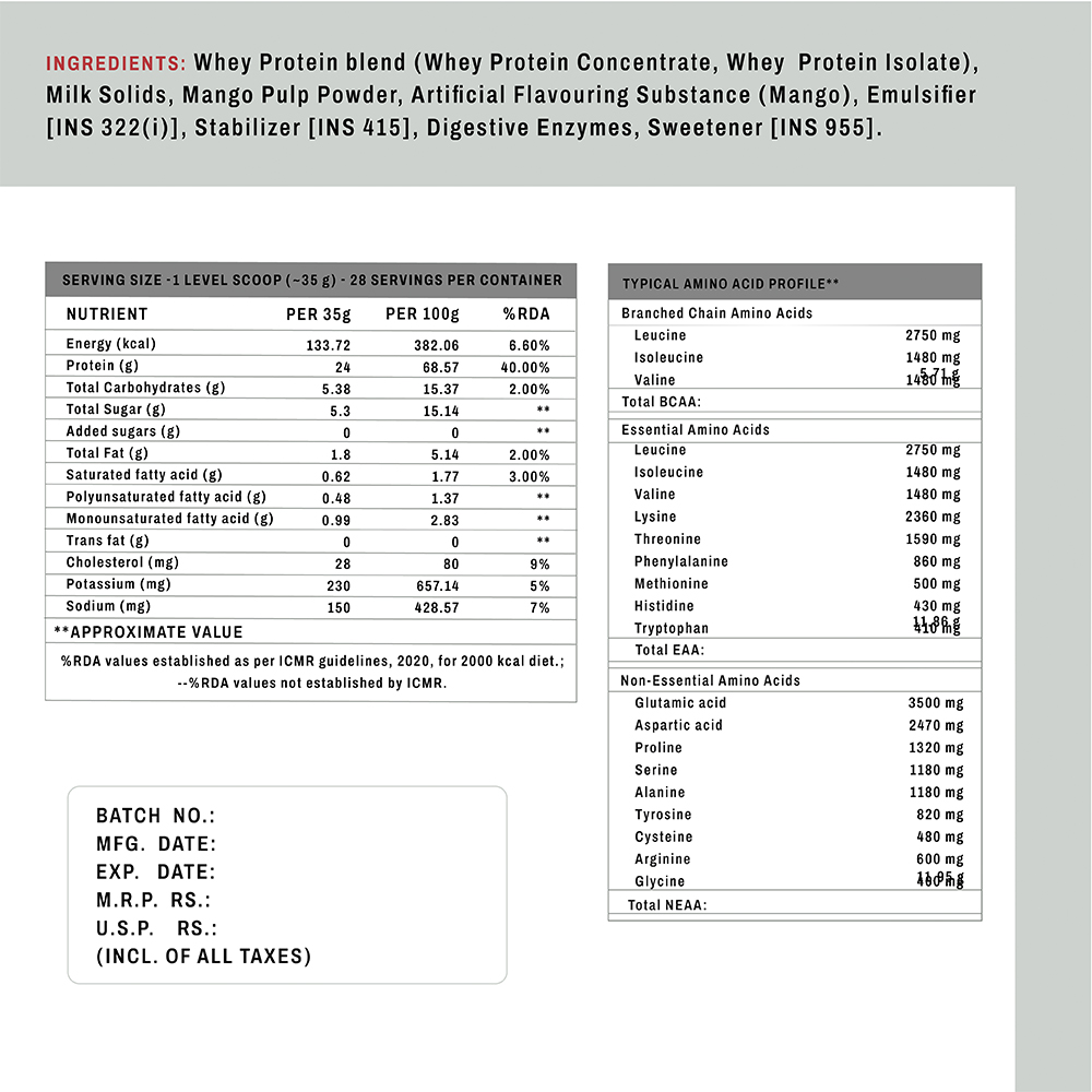 HN Fuel Whey Protein Mango nutrition panel