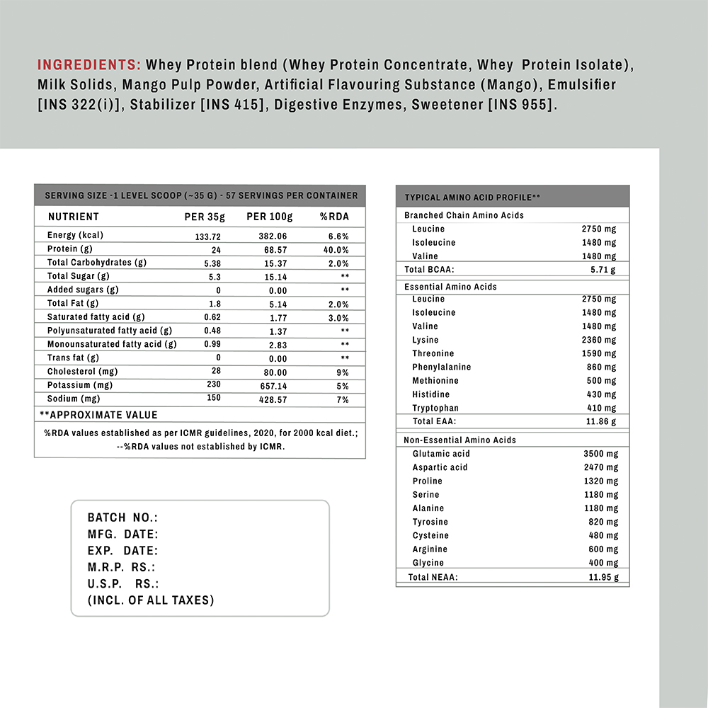 HN Fuel Whey Protein Mango nutrition panel